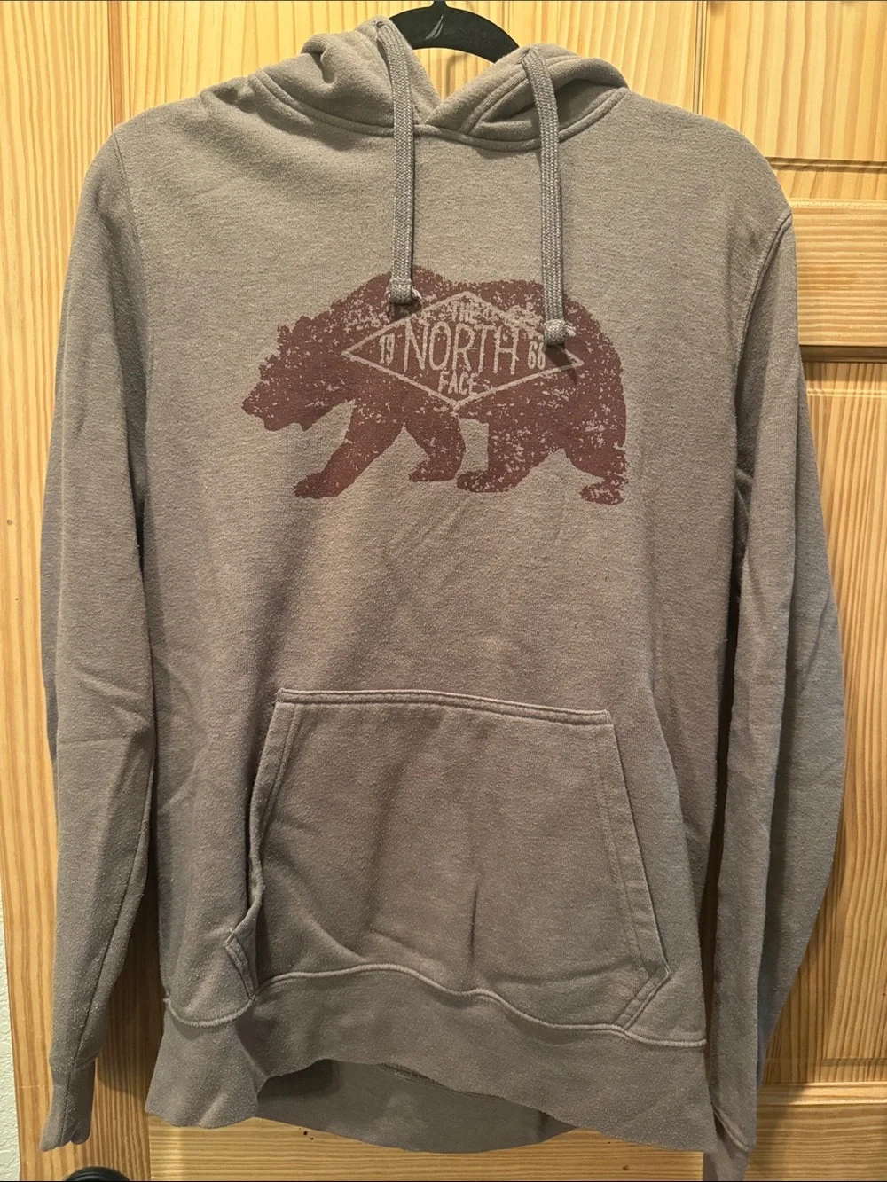 The North Face Men's Gray Hoodie with Maroon Bear Graphic